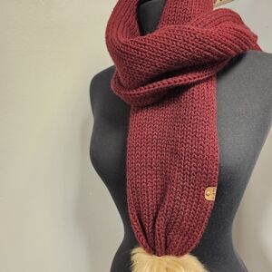 Cozy Red Knit Scarf with Faux Fur Poms